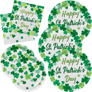 Gatherfun Irish Shamrock Themed Tableware Set, Paper Plates & Napkins for 50, St. Patrick's Day Party Decorations, Disposable, Green, Decorative Plates, Pack