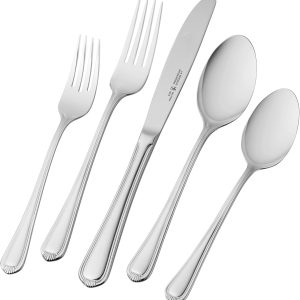 HENCKELS Alcea Flatware Set, 65-Piece, Silver & Steak Knife Set of 8, Stainless Steel Knife Set, Silver